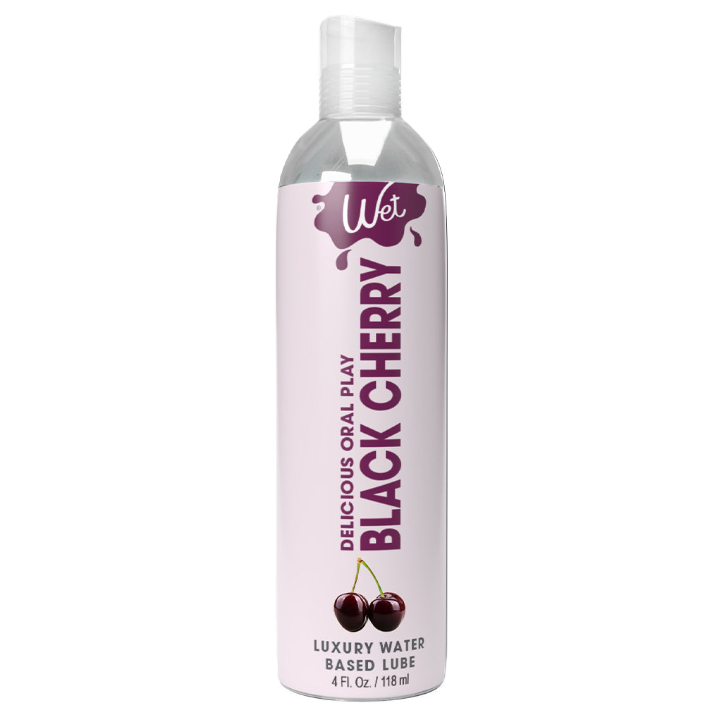 Wet Black Cherry flavored water-based lube in a clear bottle.