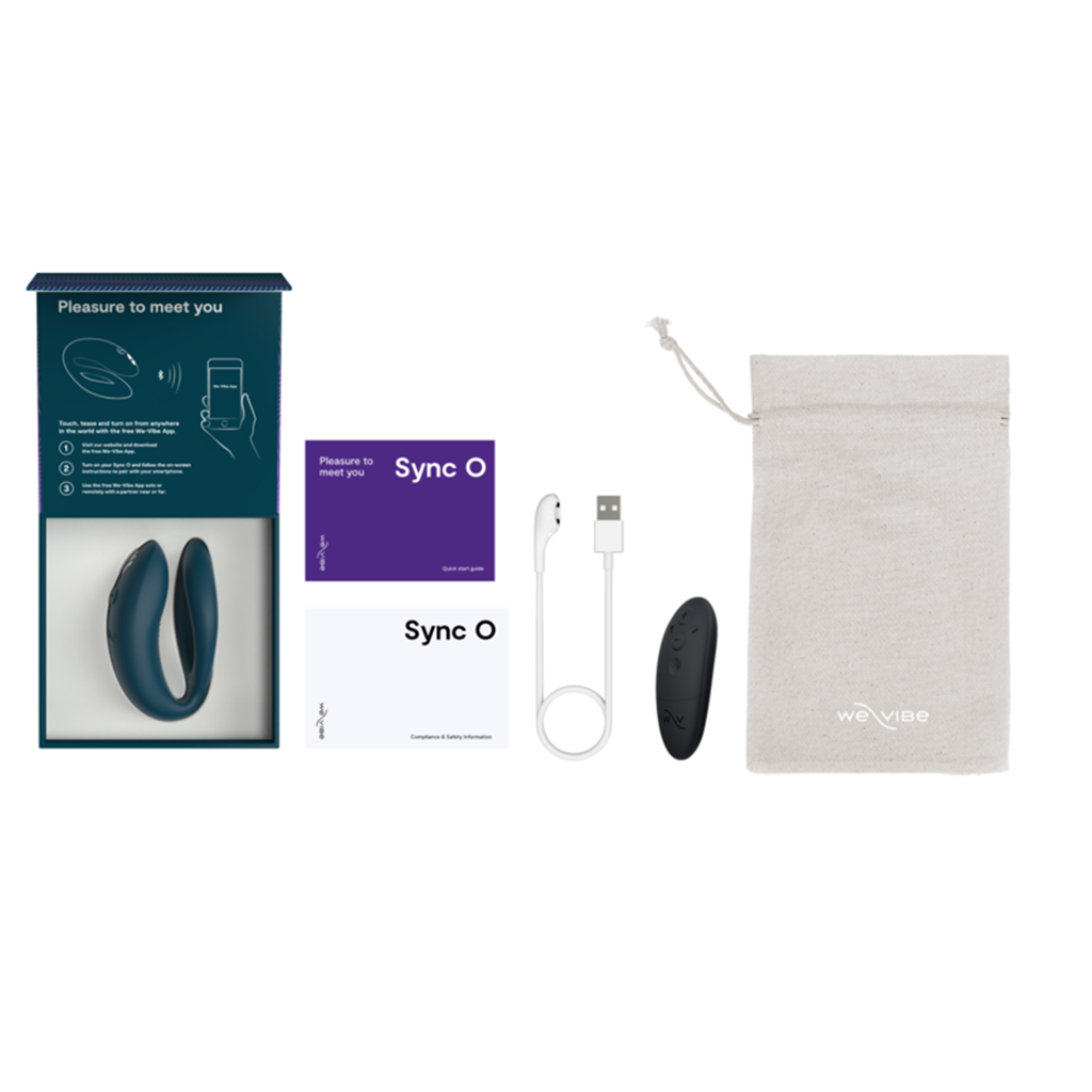 Sync O couples vibrator with remote, charging cable, and storage bag.