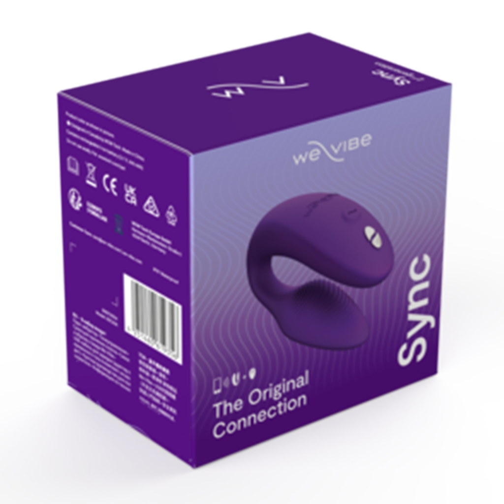 Purple We-Vibe Sync couples vibrator in its box.