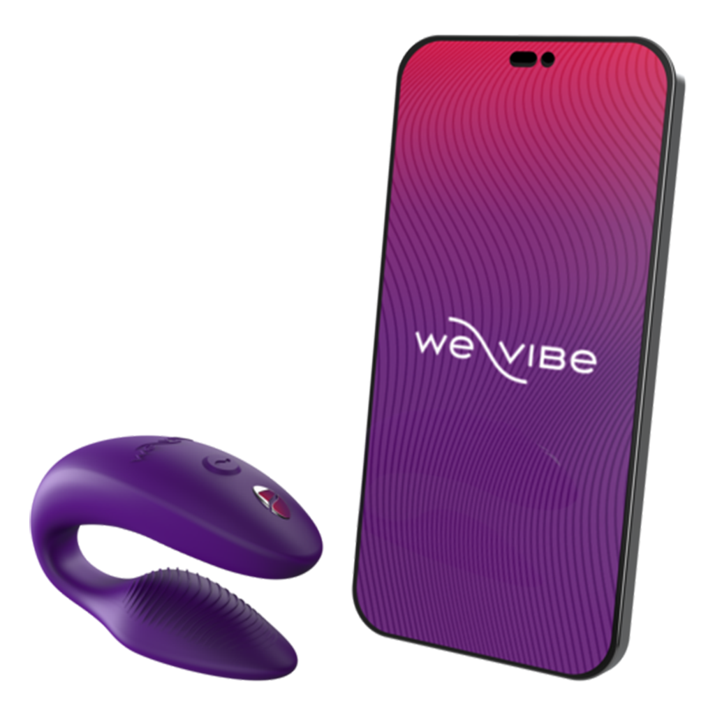 A purple We-Vibe Sync couples vibrator and a smartphone with the We-Vibe logo.