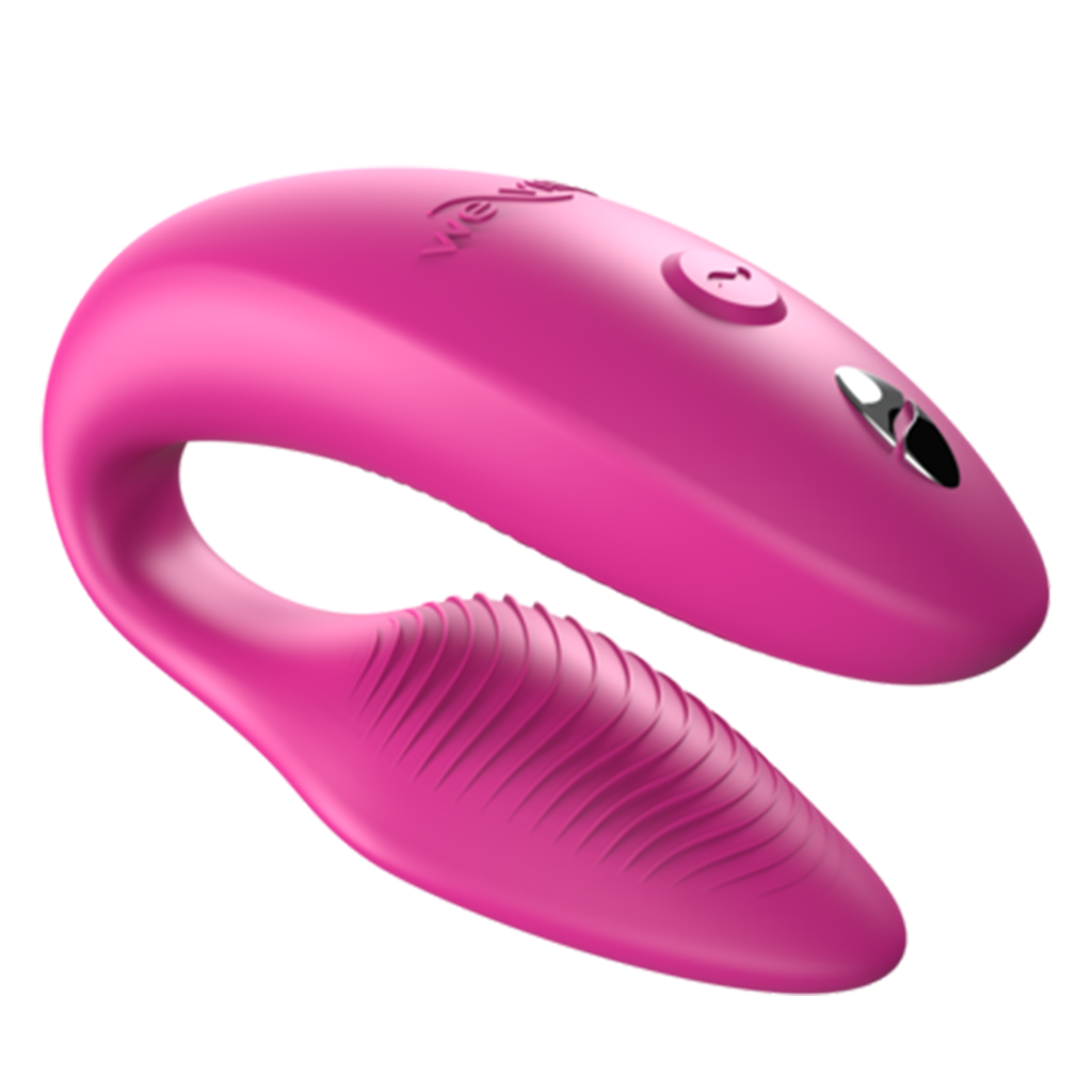 A pink We-Vibe Sync couples vibrator with textured ridges and buttons.