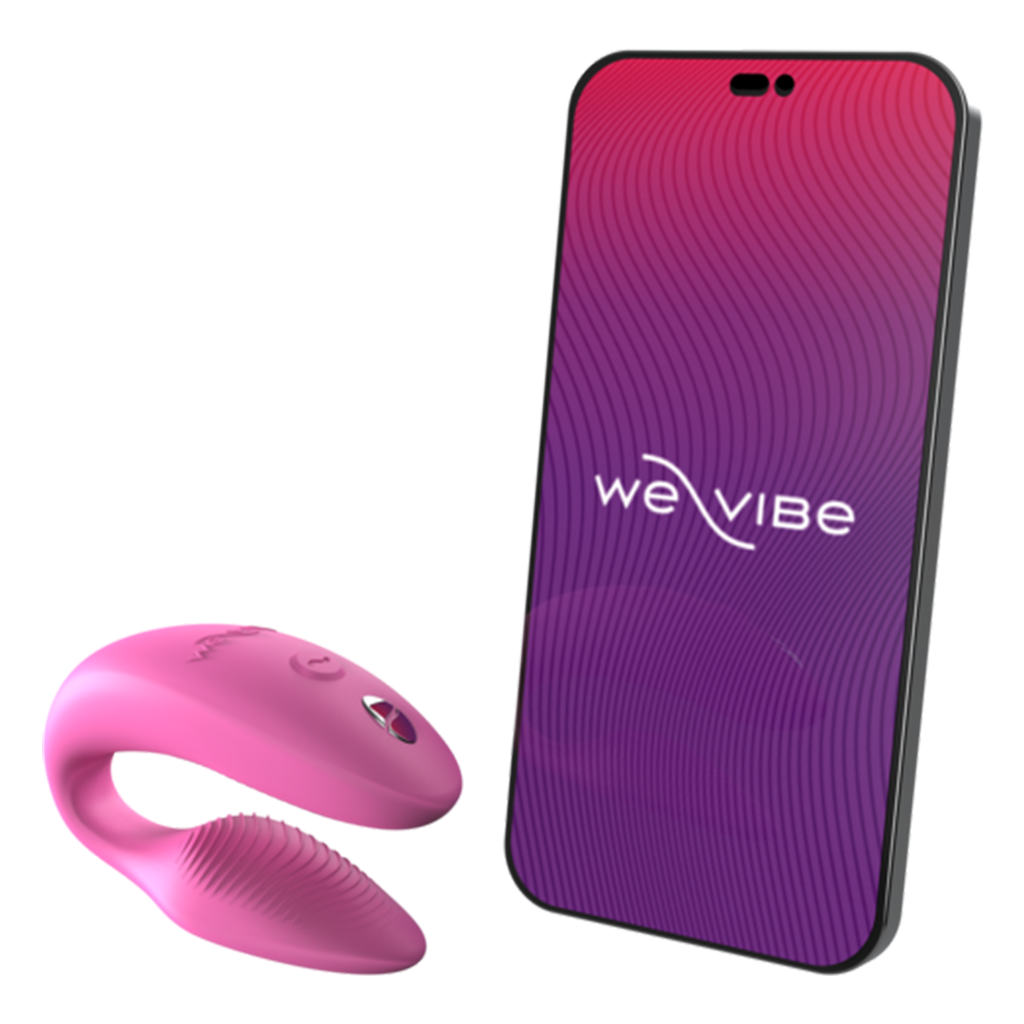 A pink couples vibrator and a smartphone displaying the We-Vibe logo.