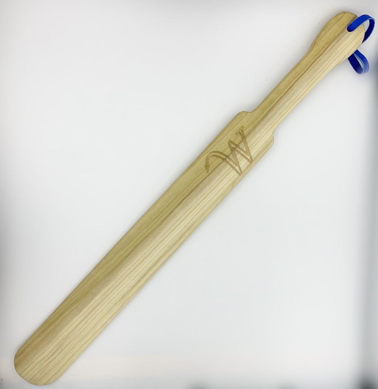 Handcrafted poplar wood spanking paddle with a blue loop and engraved logo.