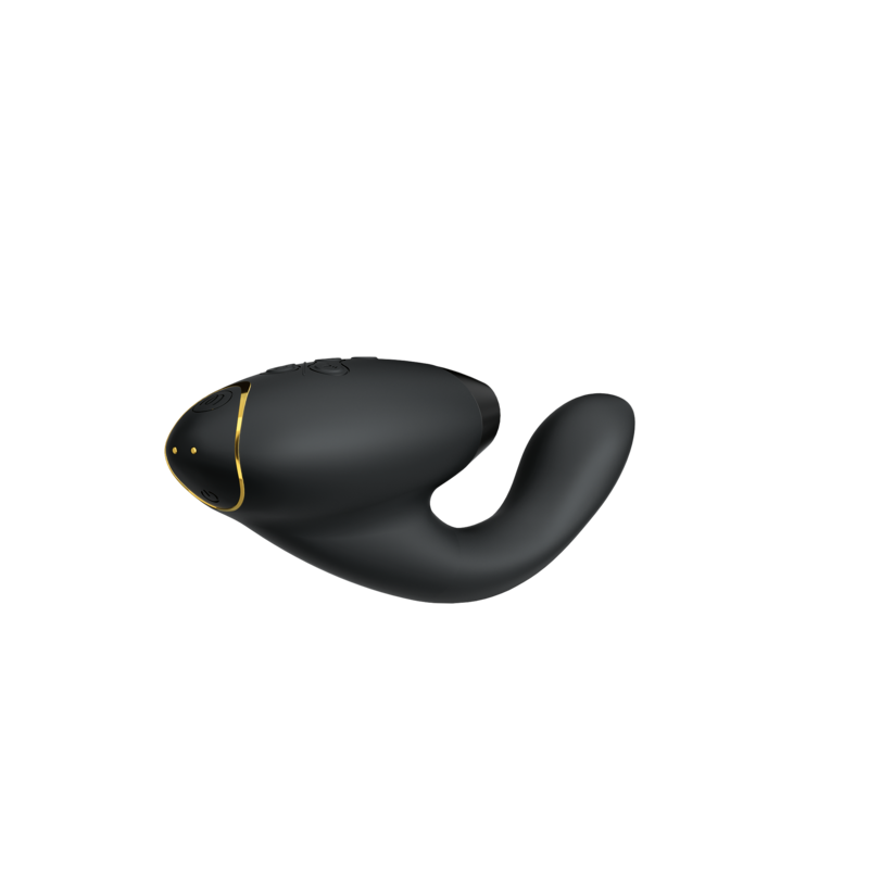 Black rabbit vibrator with gold accents and multiple buttons.