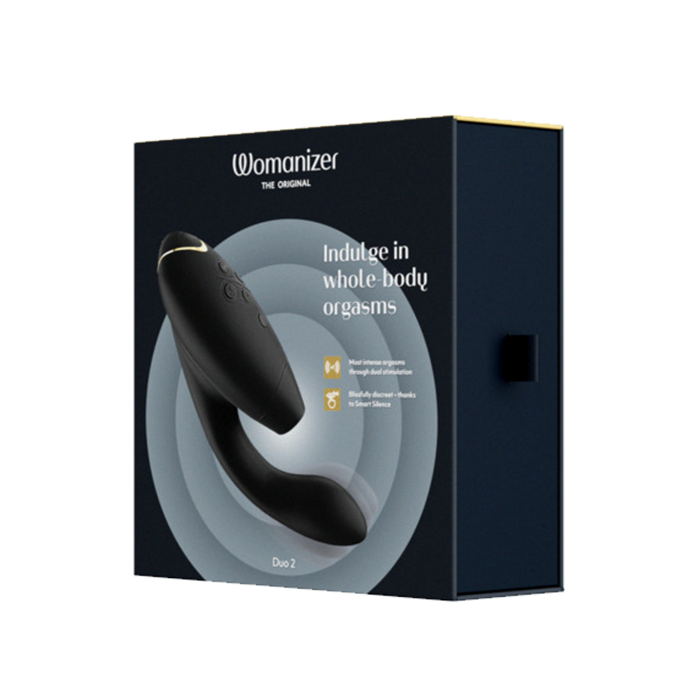 A black Womanizer Duo 2 vibrator on a dark blue box.