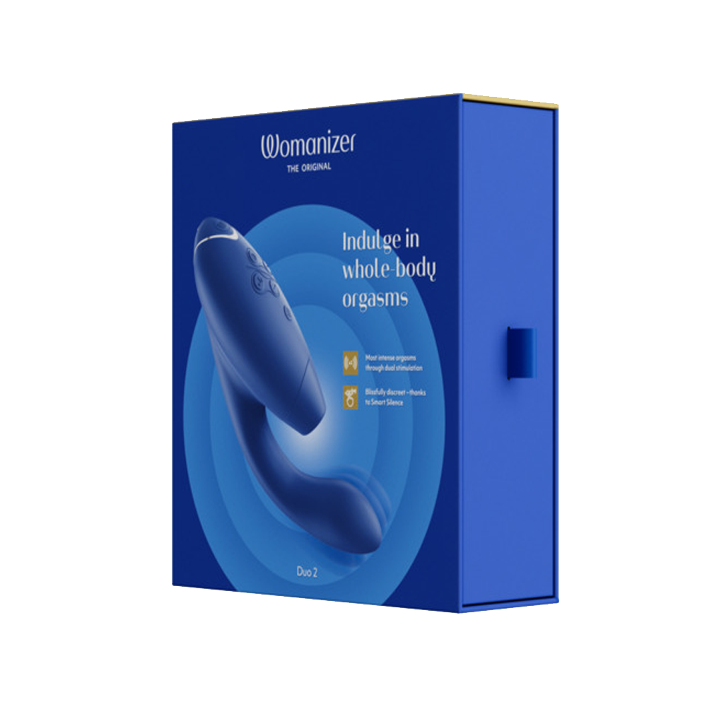 A blue Womanizer Duo 2 vibrator is shown on a blue box with text.