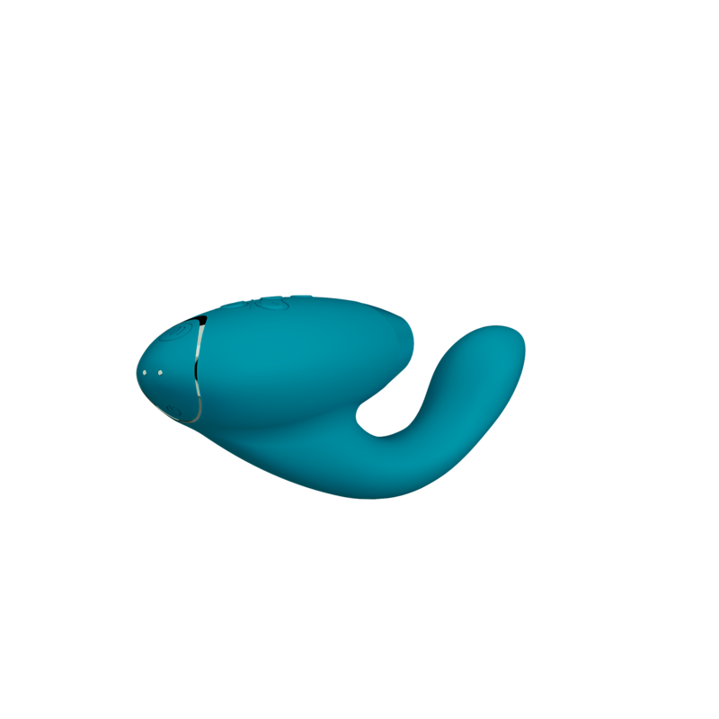A teal rabbit vibrator with a curved design and textured surface.