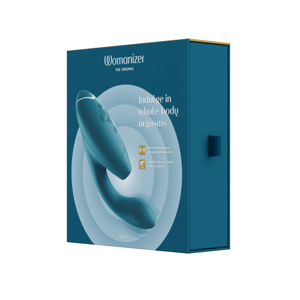 Womanizer Duo 2 rabbit vibrator in teal on a blue box.