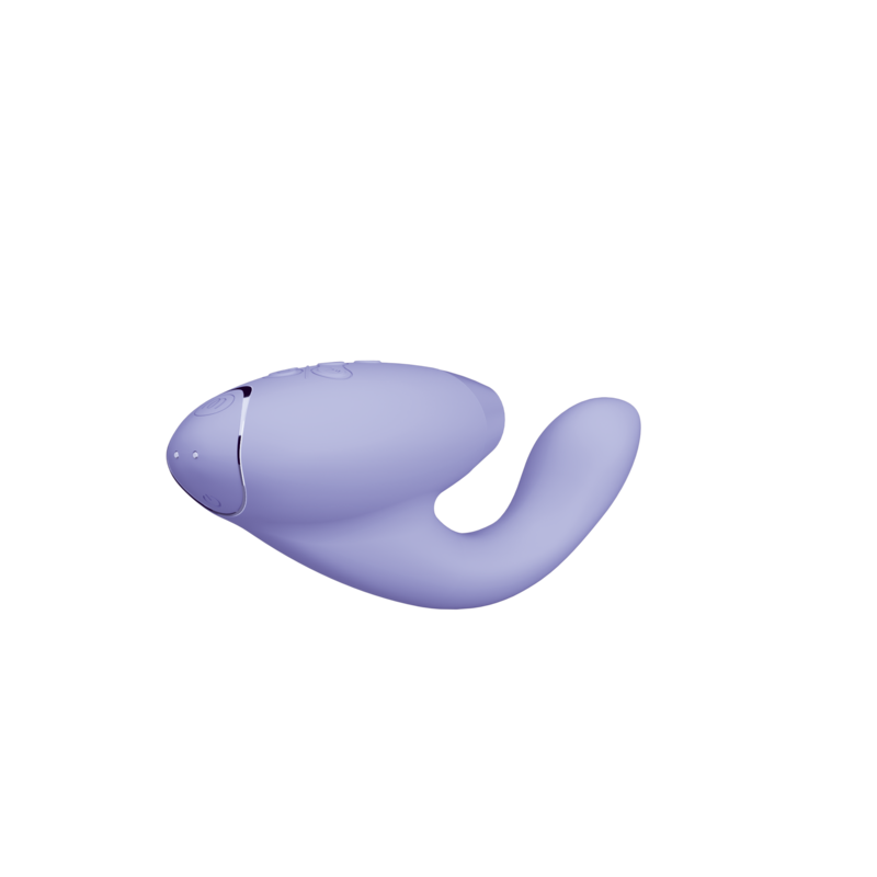 A purple rabbit vibrator with a curved design and buttons on top.