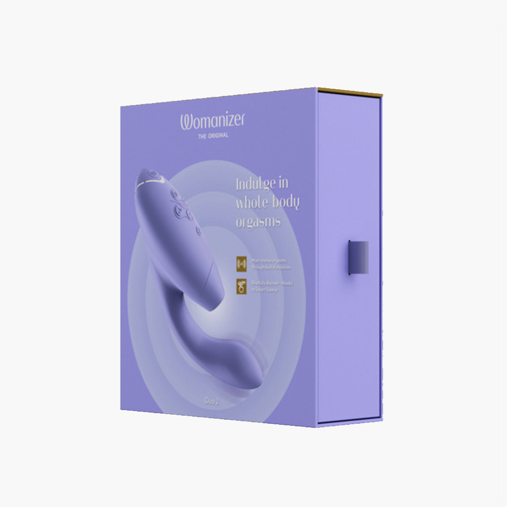 A purple box with the Womanizer logo and a purple rabbit vibrator.