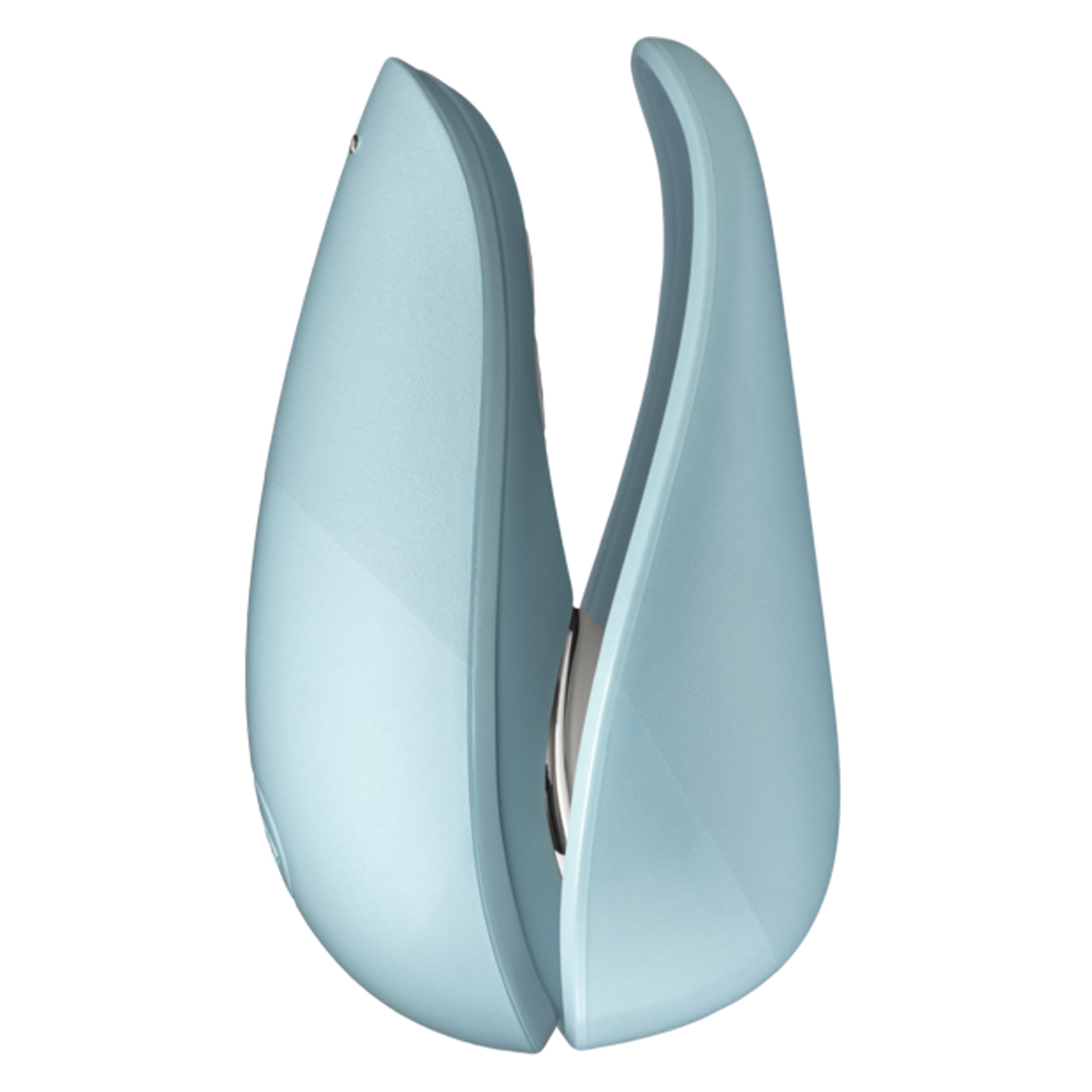 A light blue clitoral stimulator with two curved halves.