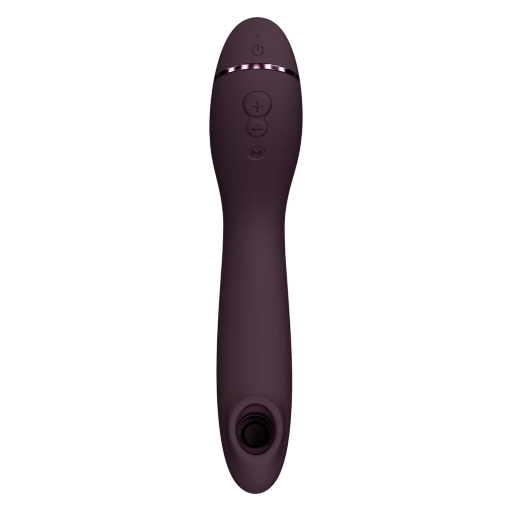 Purple G-spot vibrator with power, plus, and vibration buttons.