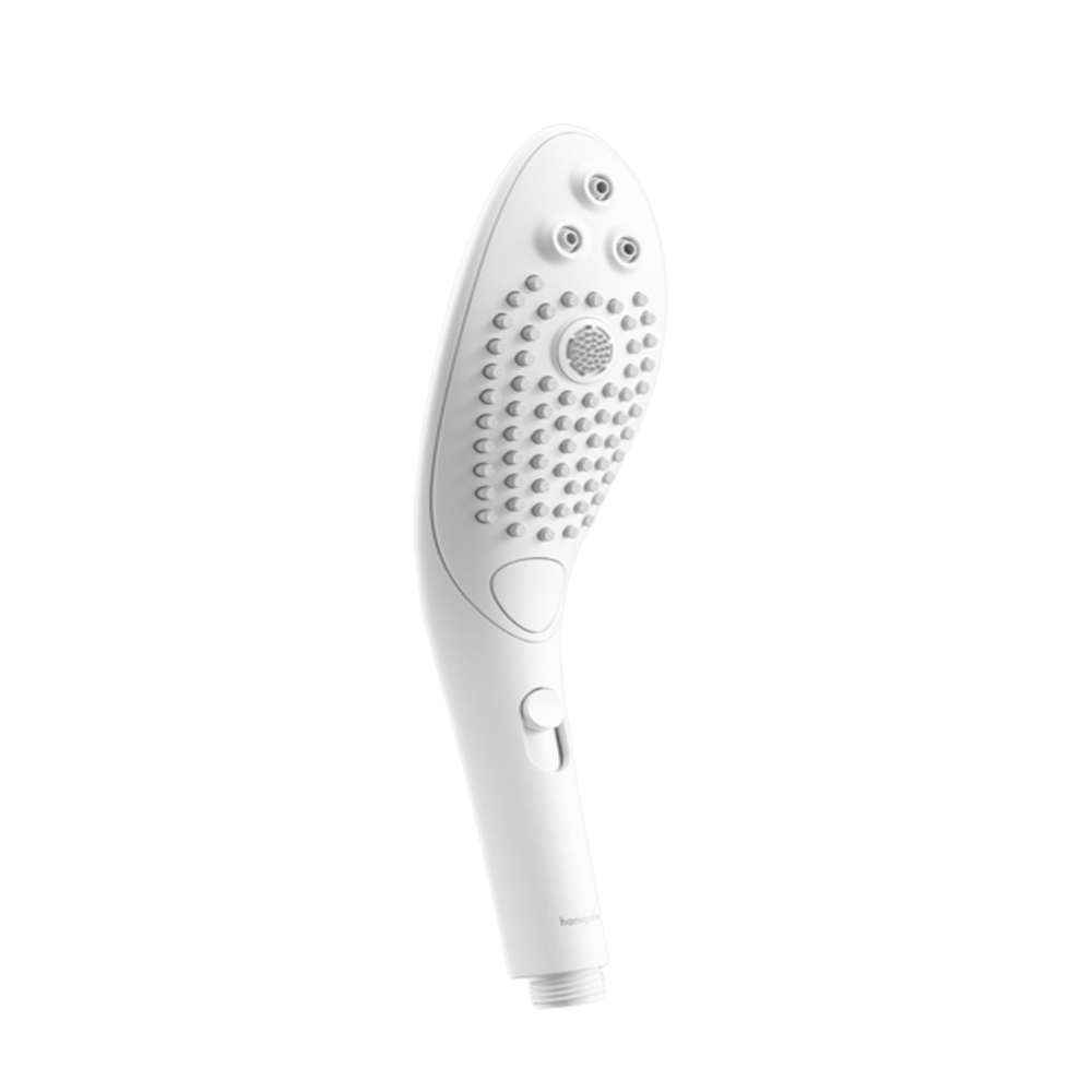 White 2-in-1 shower head with multiple spray patterns and a button.