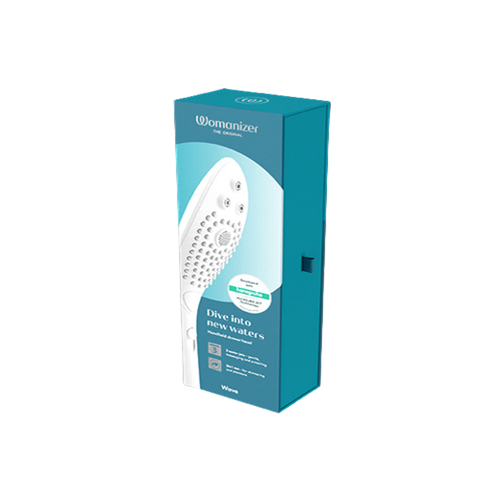 Womanizer Wave 2-in-1 shower head and stimulator in teal packaging.