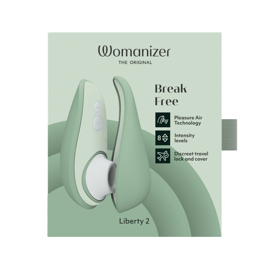 Sage green Womanizer Liberty 2 pleasure air stimulator with 8 intensity levels.