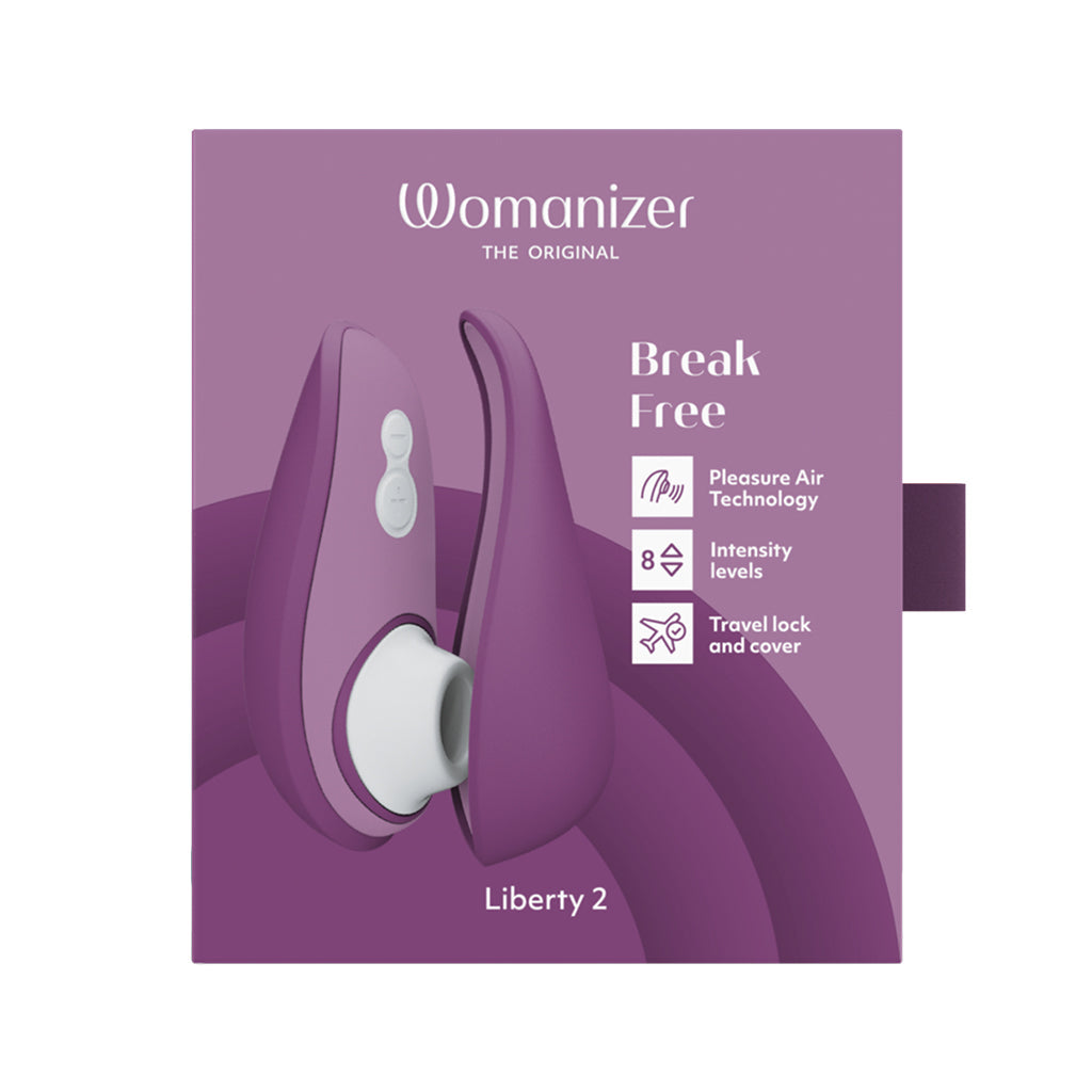 Purple Womanizer Liberty 2 clitoral stimulator with Pleasure Air Technology and 8 intensity levels.
