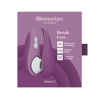 Purple Womanizer Liberty 2 clitoral stimulator with Pleasure Air Technology and 8 intensity levels.