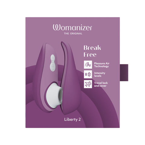 Purple Womanizer Liberty 2 clitoral stimulator with Pleasure Air Technology and 8 intensity levels.