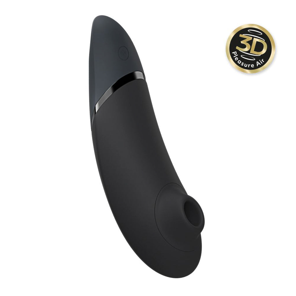 Black clitoral air stimulator with a curved design and a circular logo.