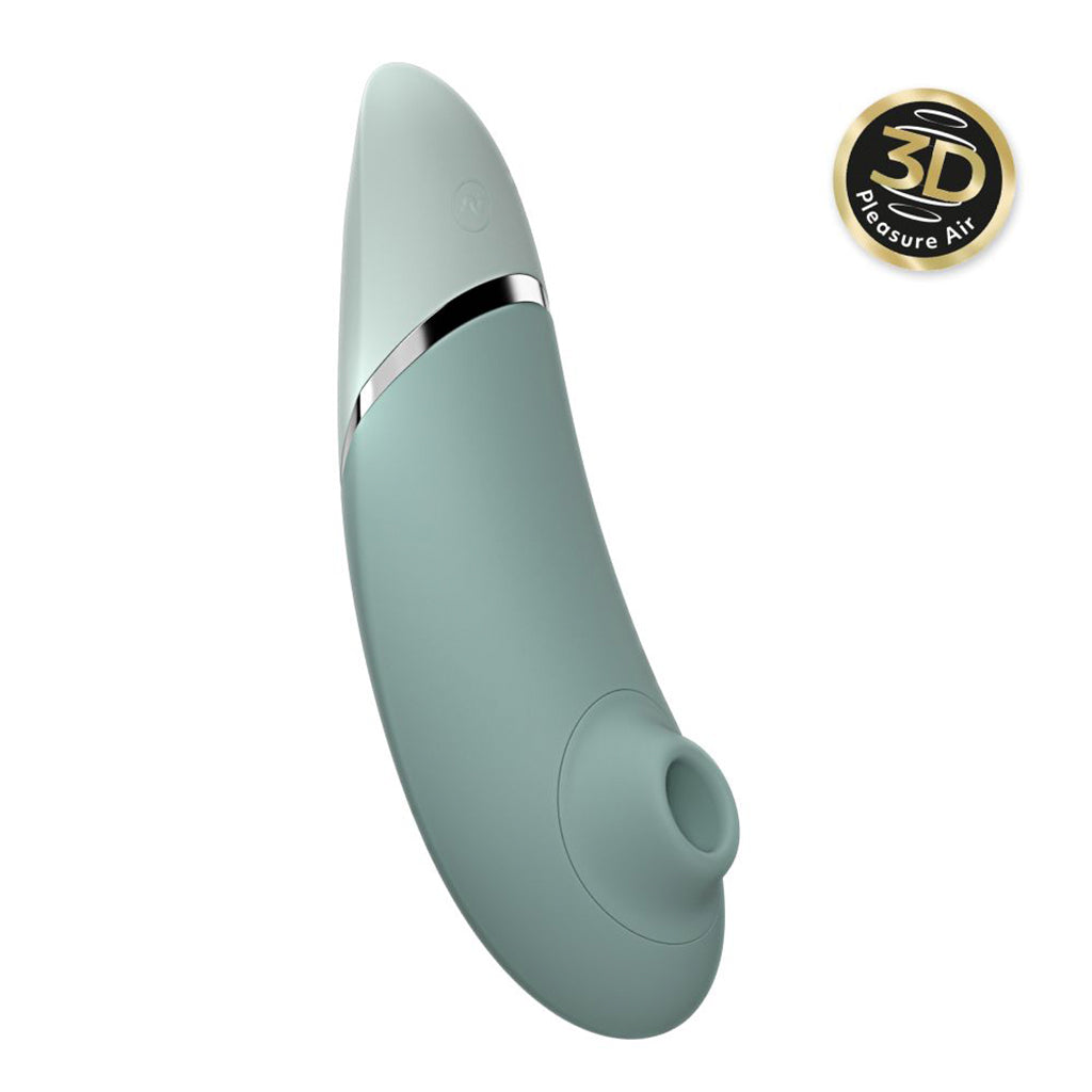 A sage green clitoral stimulator with a silver band and a 3D Pleasure Air logo.