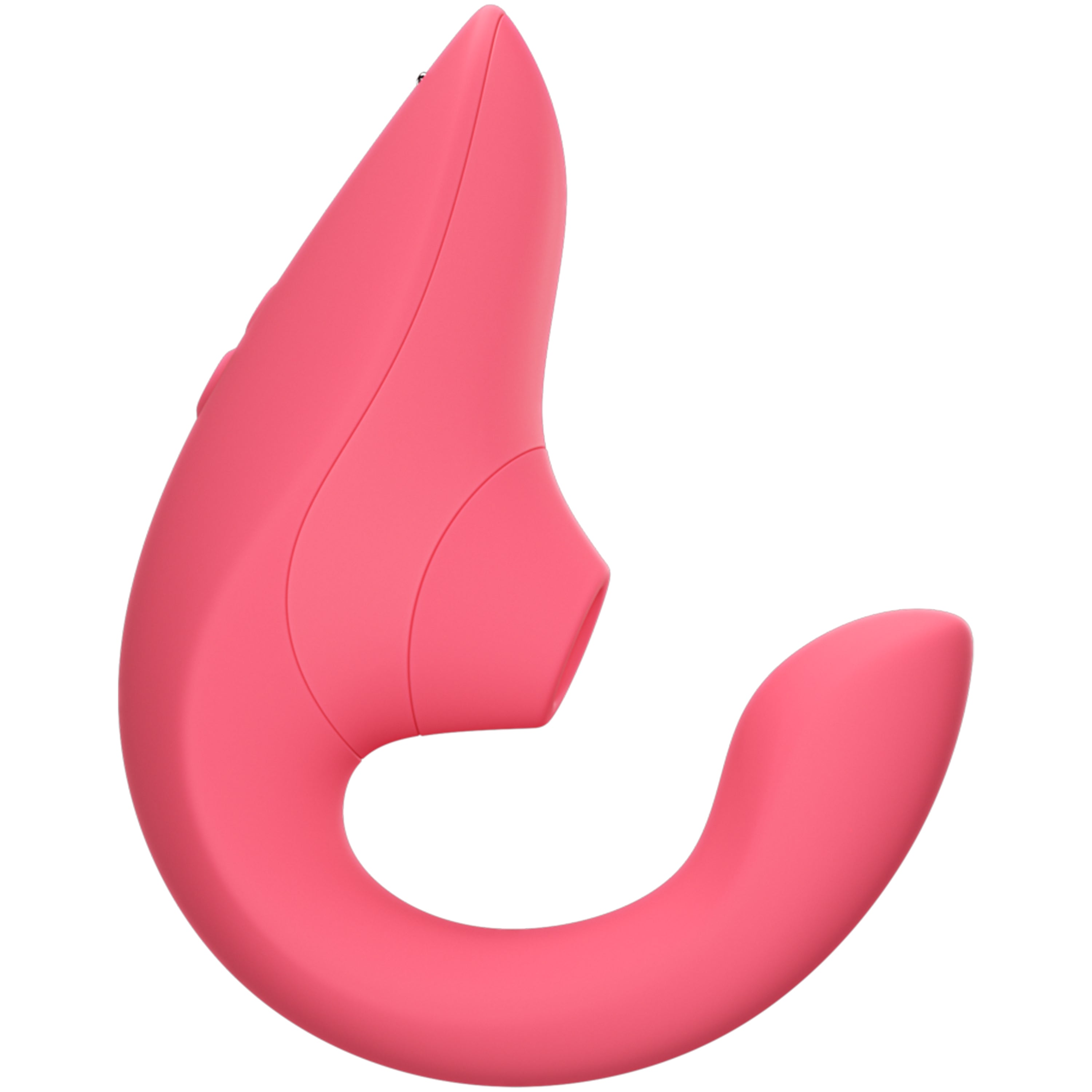 A pink dual stimulation vibrator with an ergonomic shape.
