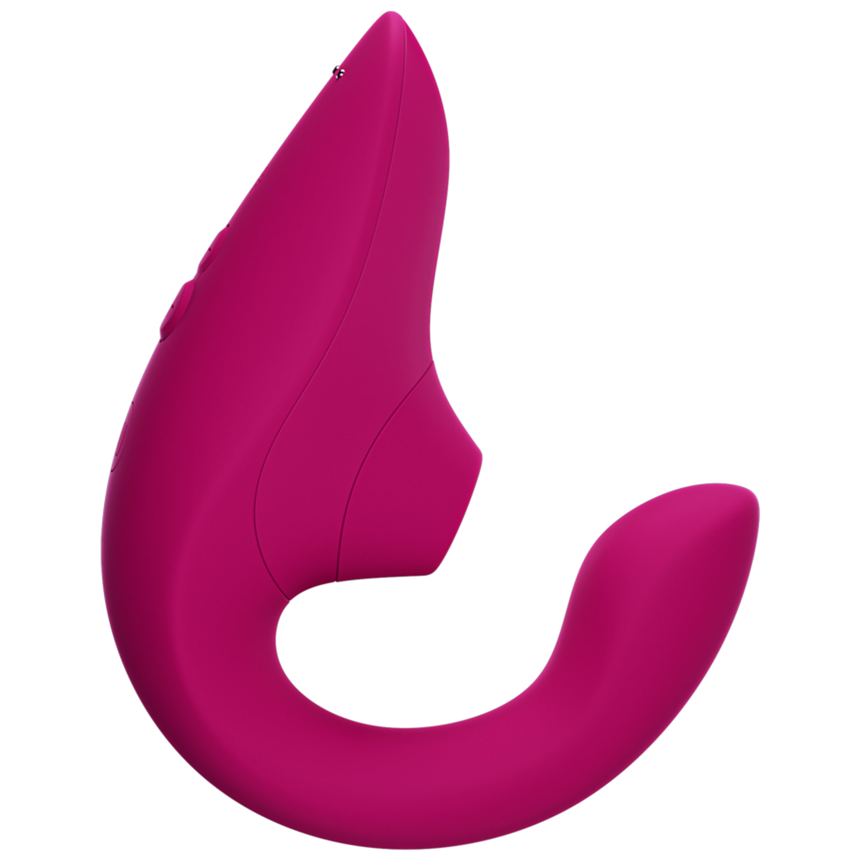 A vibrant pink dual stimulation rabbit vibrator with a curved shape.