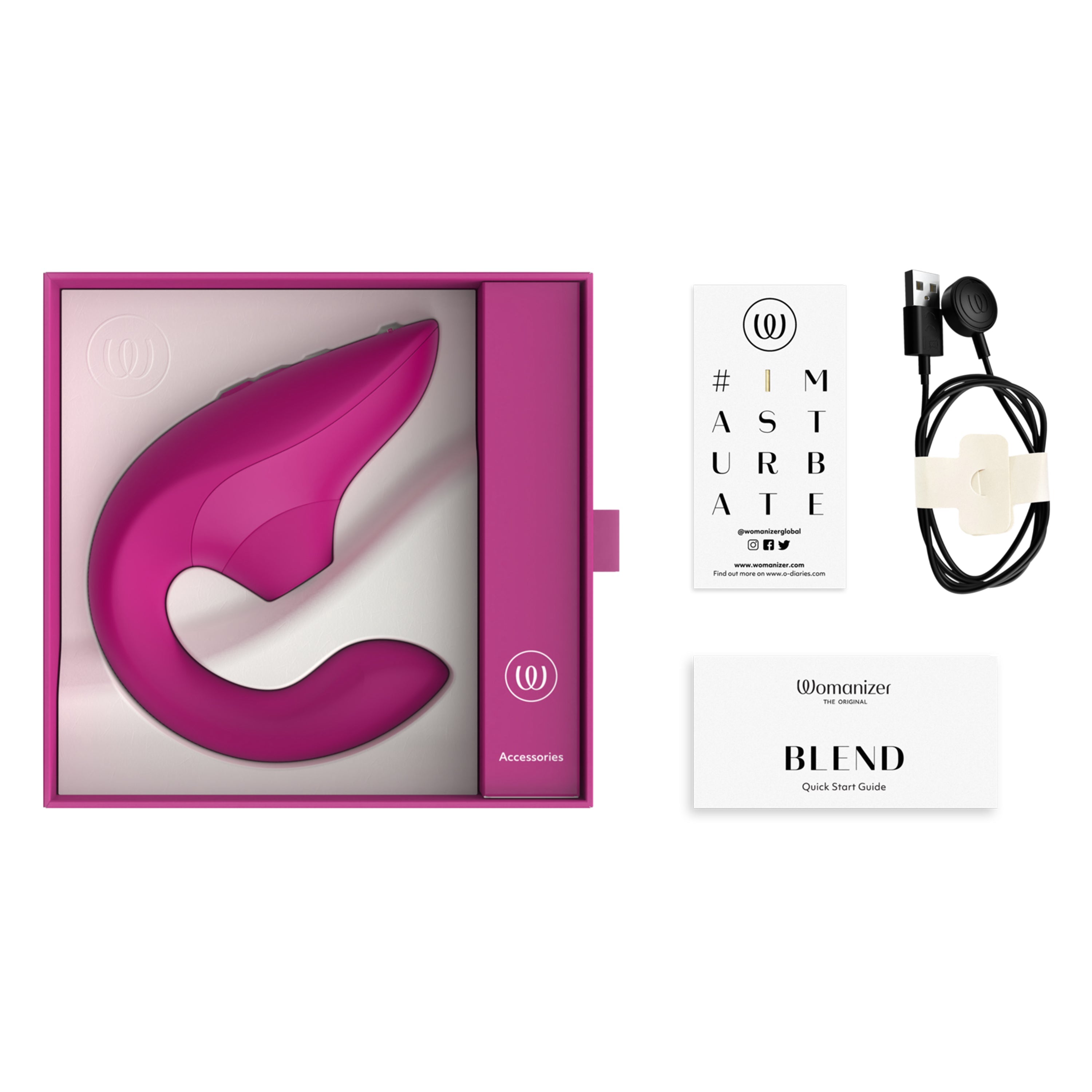 A vibrant pink dual stimulation rabbit vibrator with accessories and a quick start guide.