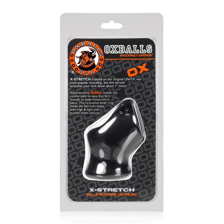 Black X-Stretch cock sling and ball stretcher by Oxballs.