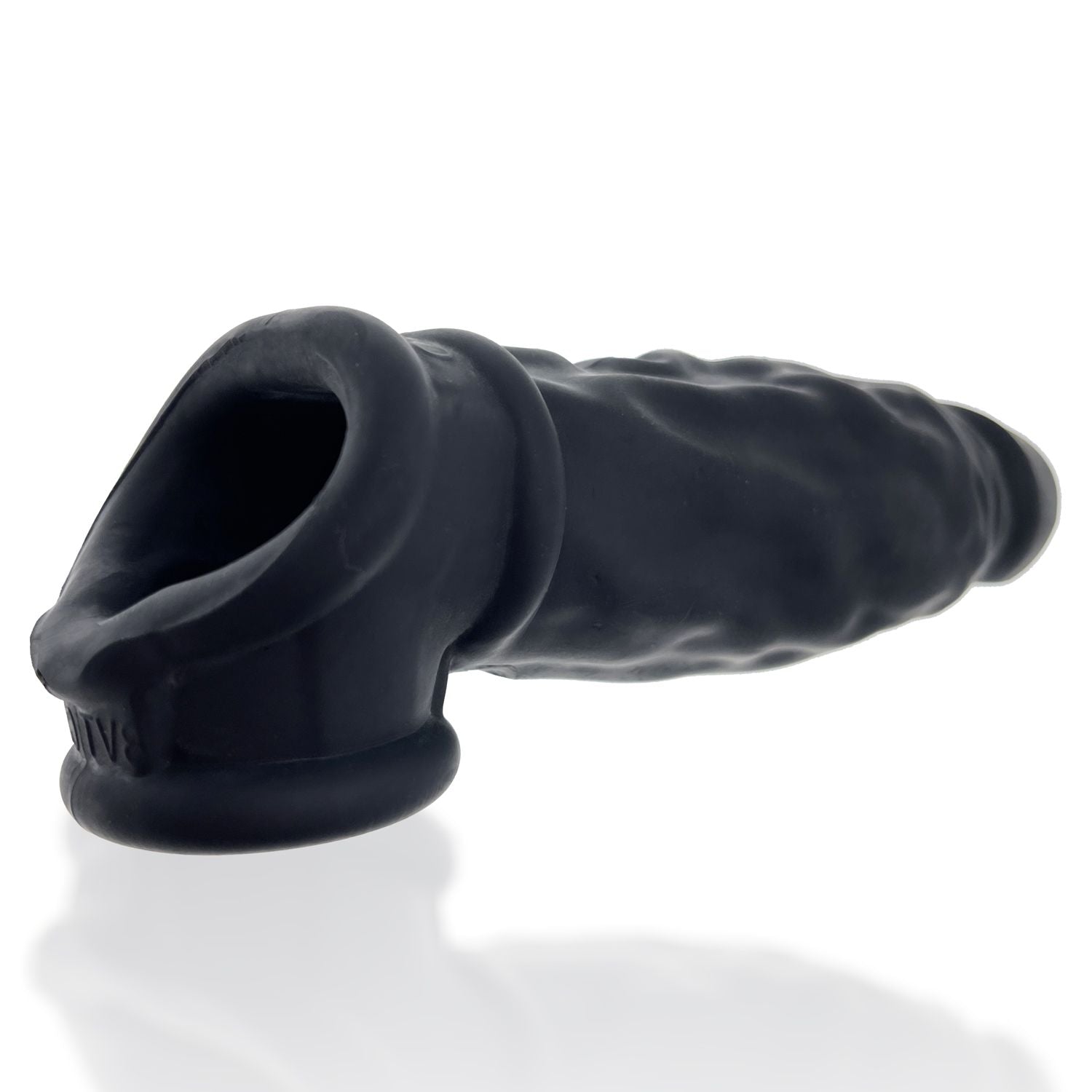 Black silicone cocksheath with a flared head and cock sling.