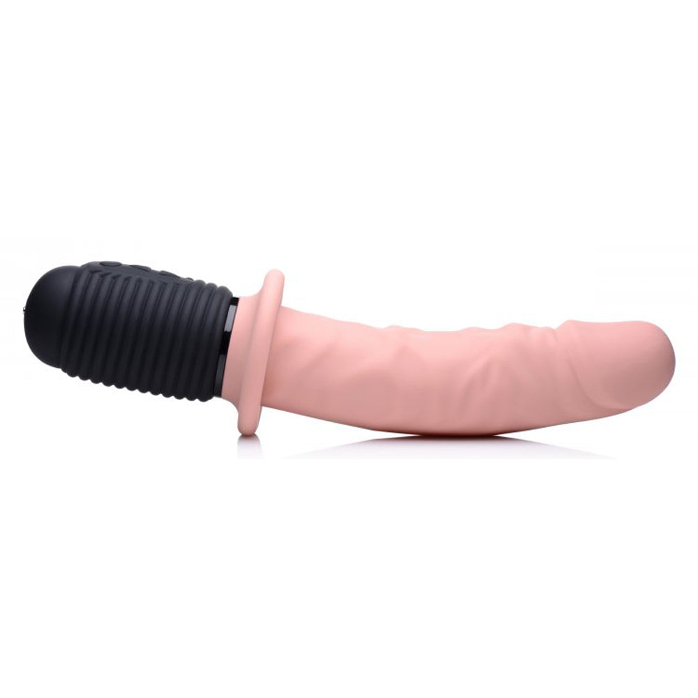 Pink silicone dildo with black handle, featuring thrusting and vibrating functions.
