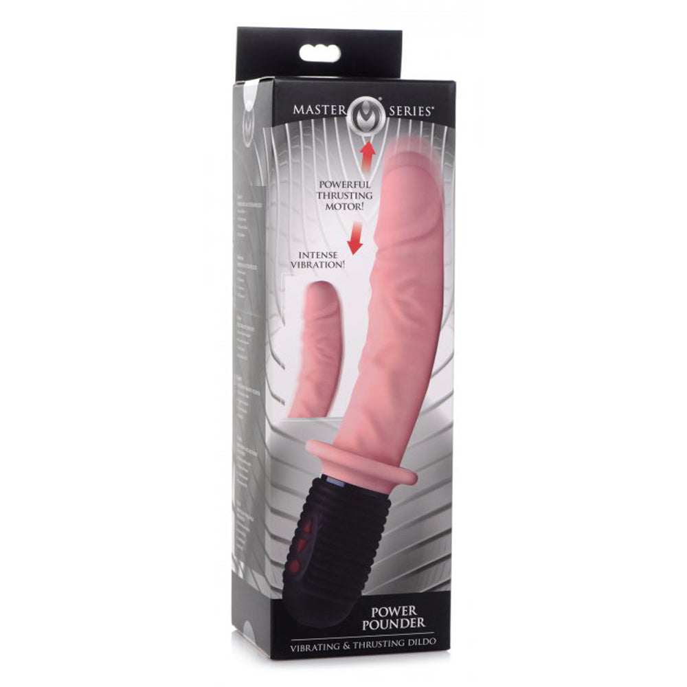 Pink silicone thrusting and vibrating dildo in black Master Series box with product details.