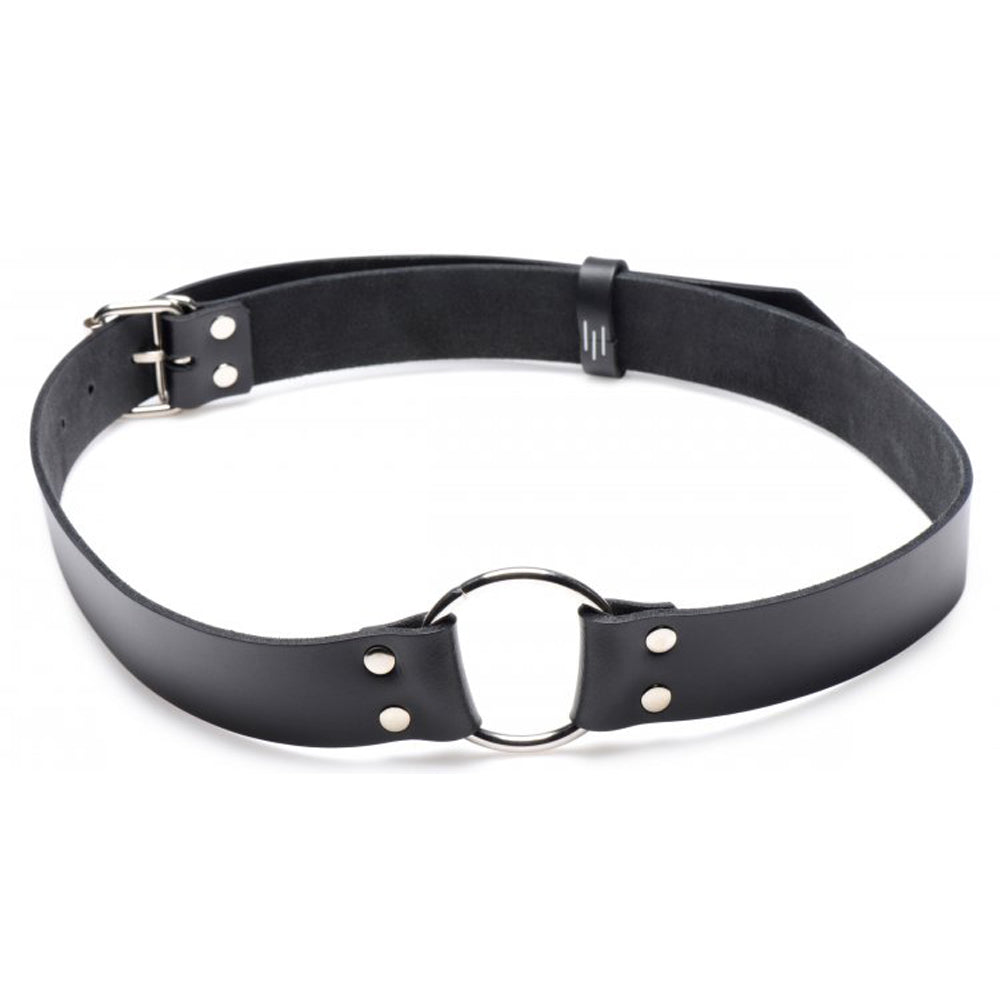 Black leather chair strap with a metal ring and buckle.