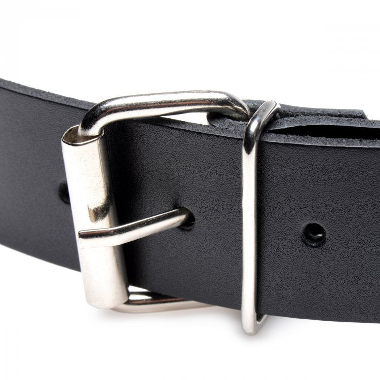 Black leather chair strap with silver buckle and ring.
