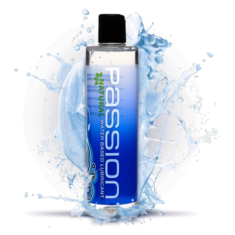 Passion Natural Water Based Lubricant in a clear bottle with a black cap, surrounded by water splashes.