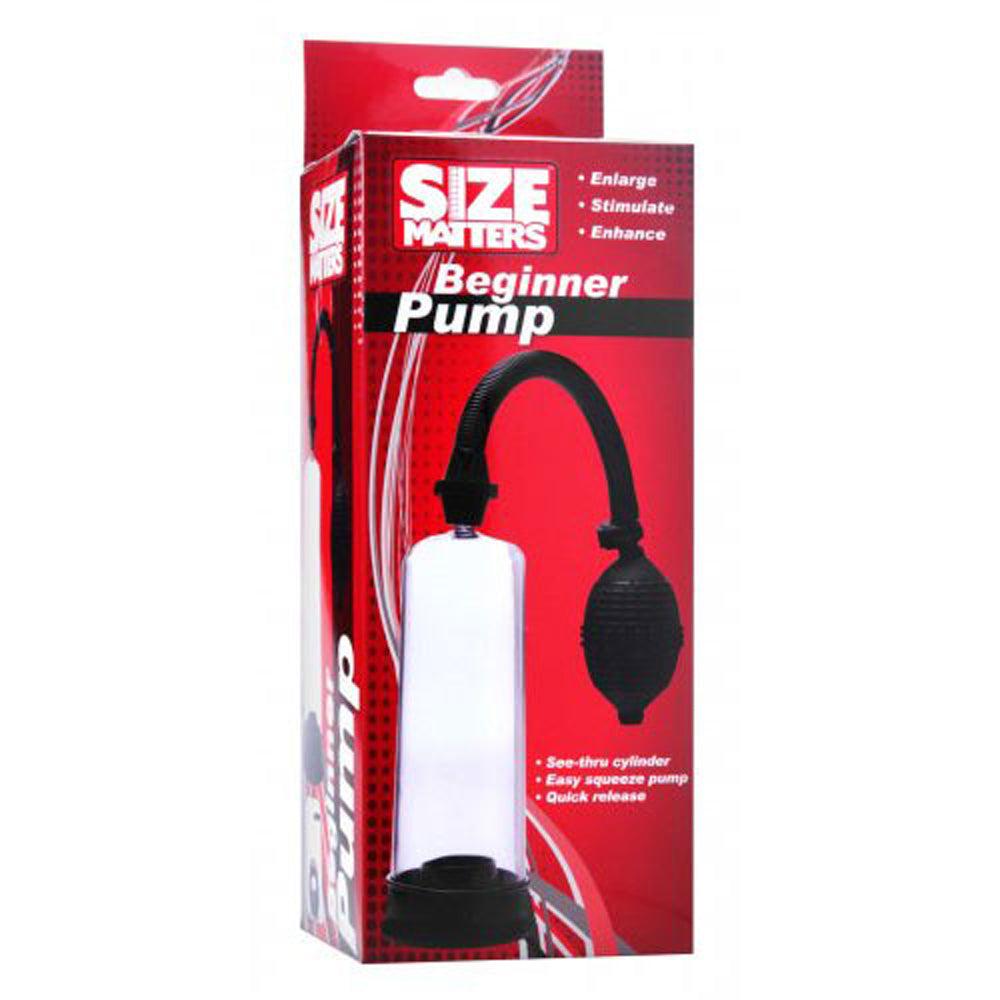 Size Matters beginner penis enlargement pump with clear cylinder and black bulb.