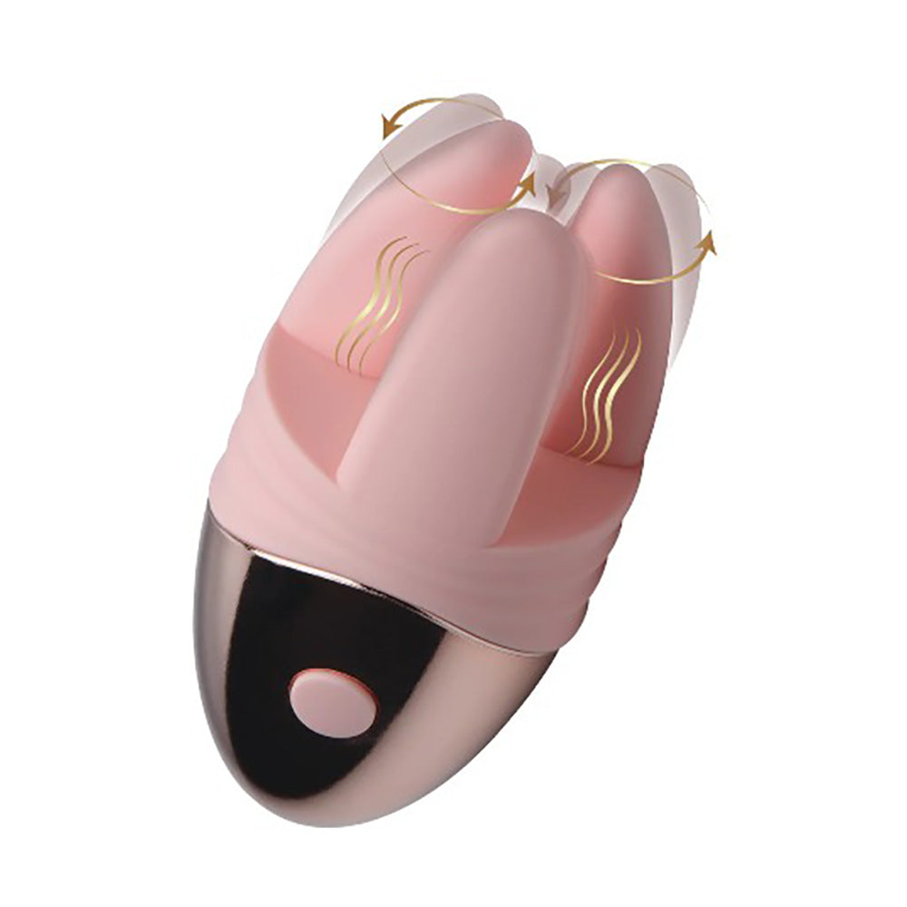 Pink vibrating clit teaser with gold wavy lines and arrows indicating movement.