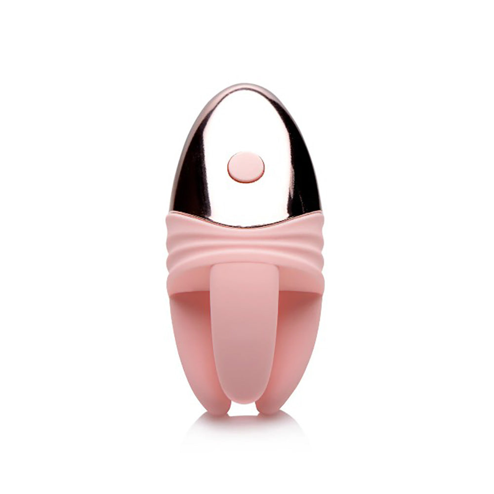 Pink silicone vibrating clitoral massager with a rose gold top.