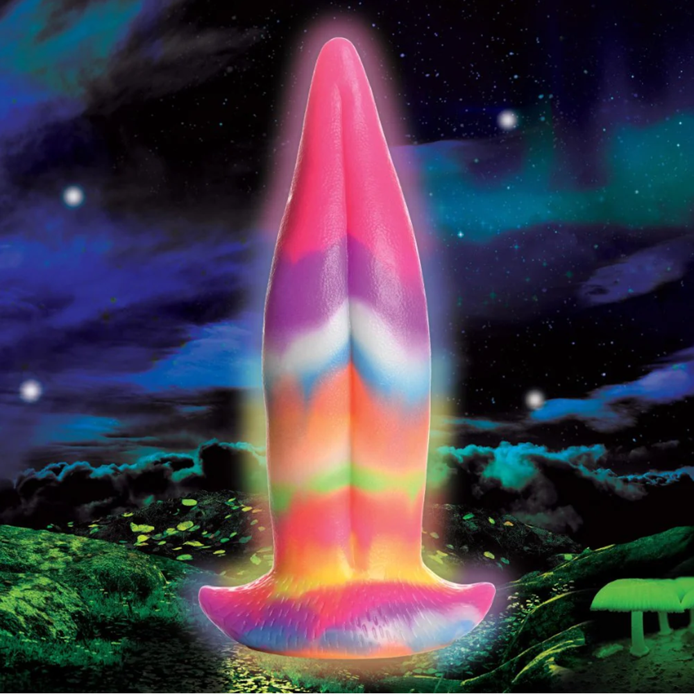 Rainbow glow-in-the-dark unicorn tongue dildo with suction cup.