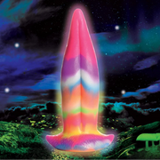 Rainbow glow-in-the-dark unicorn tongue dildo with suction cup.