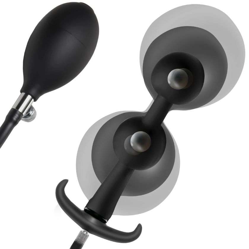 Weighted inflatable silicone anal beads with a pump.