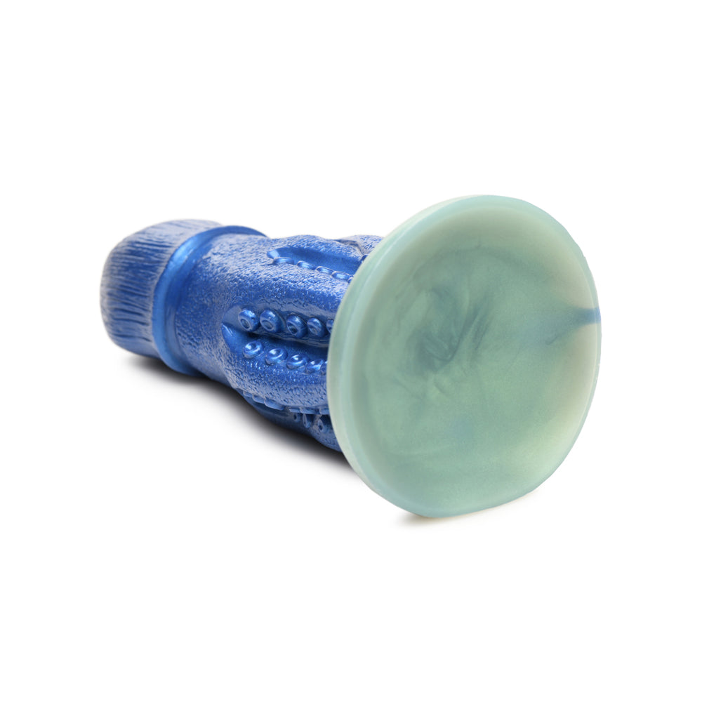 Blue octopus creature silicone dildo with a suction cup base.
