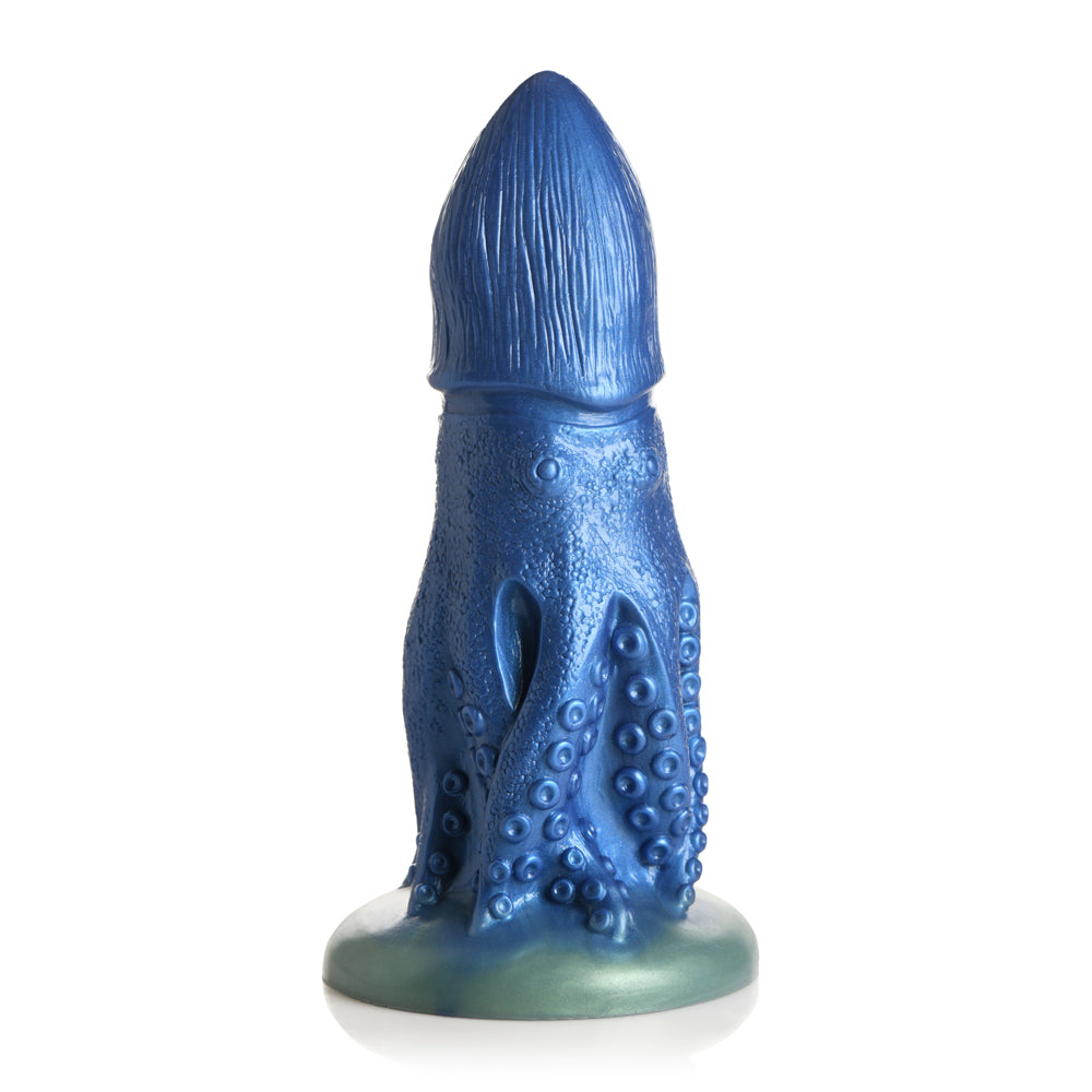 Blue octopus creature silicone dildo with textured tentacles and suction cup base.