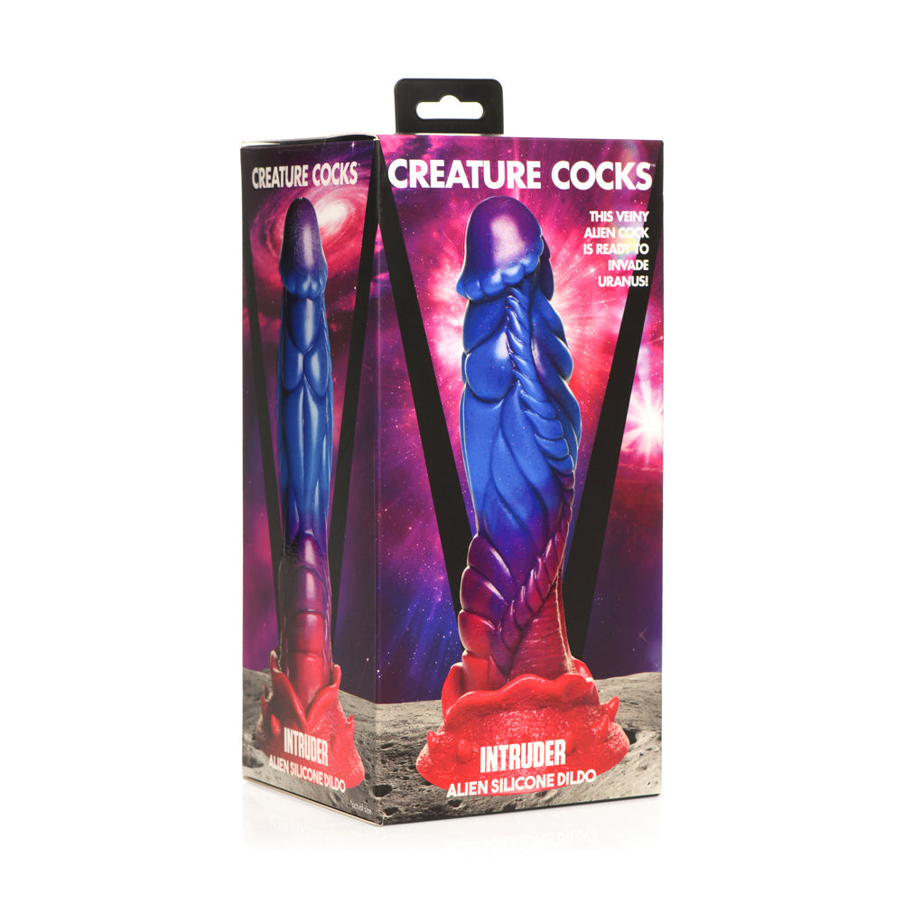 Intruder Alien Silicone Dildo with Suction Cup in blue, purple, and red.