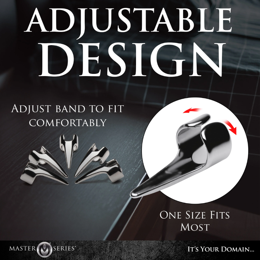 Adjustable stainless steel claw rings for sensation play.