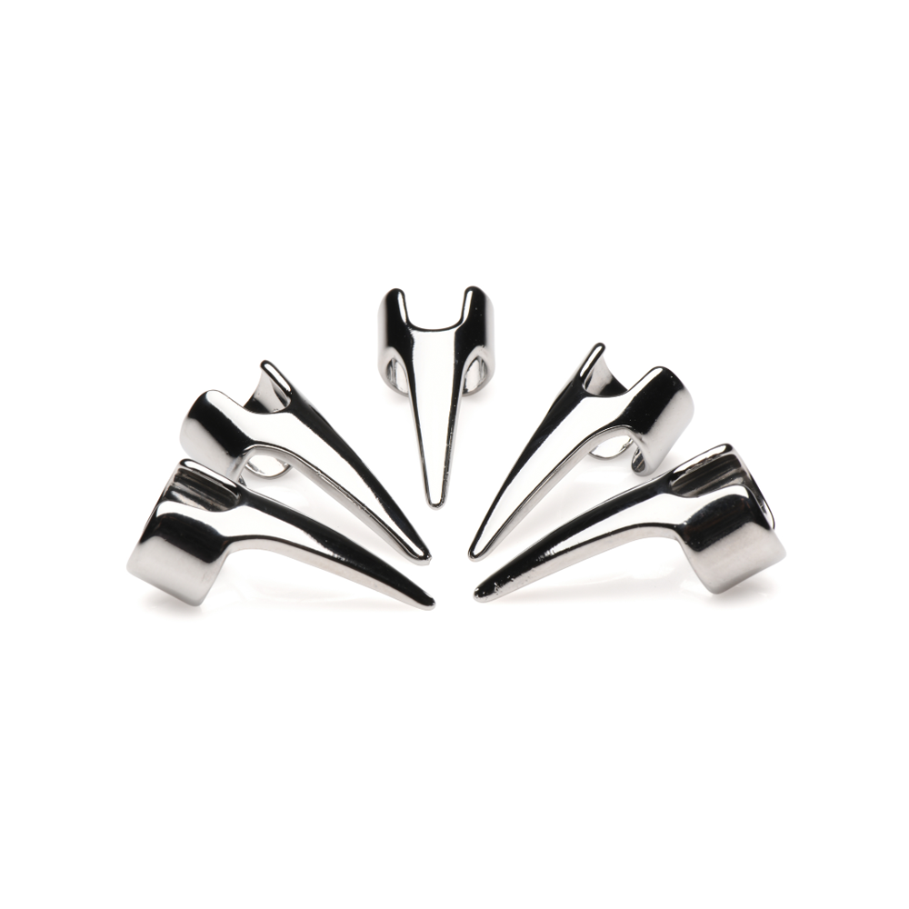 Five stainless steel claw rings arranged in a fan shape.