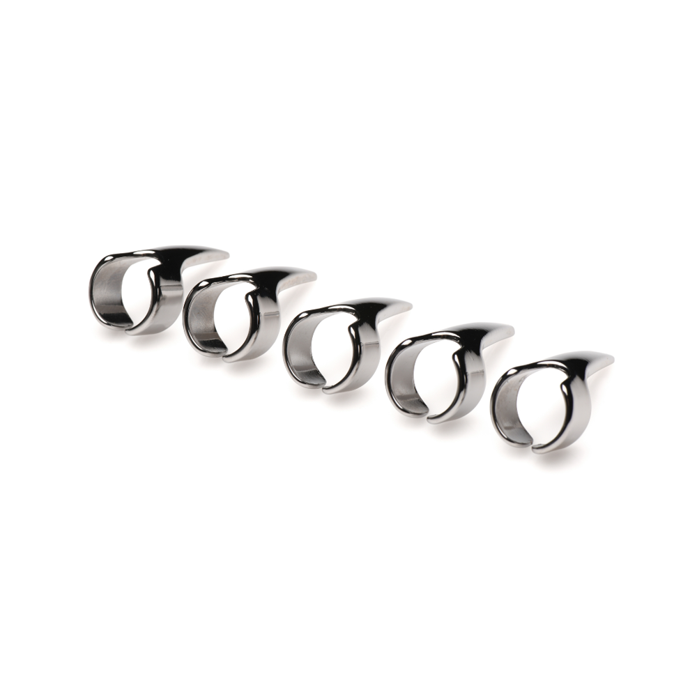 Five stainless steel claw sensation play rings on a white background.