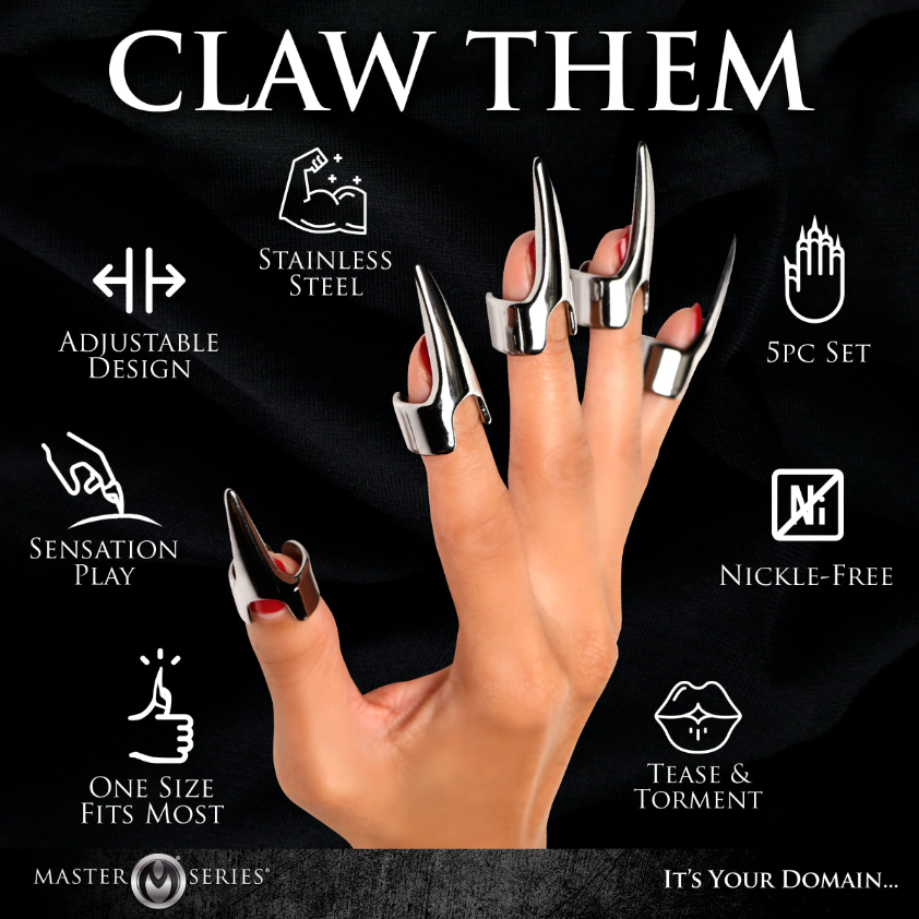 Stainless steel claw rings for sensation play, adjustable and nickel-free.