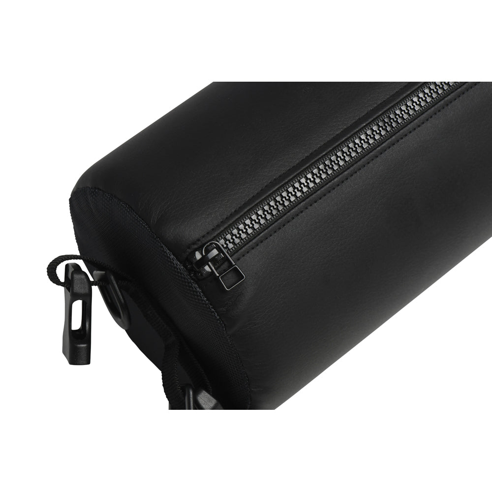 Black padded spreader bar restraint with vegan leather cuffs and zipper.