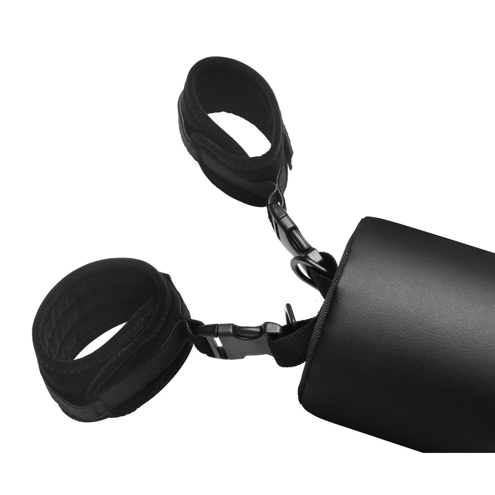 Padded spreader bar with vegan leather wrist and ankle cuffs.