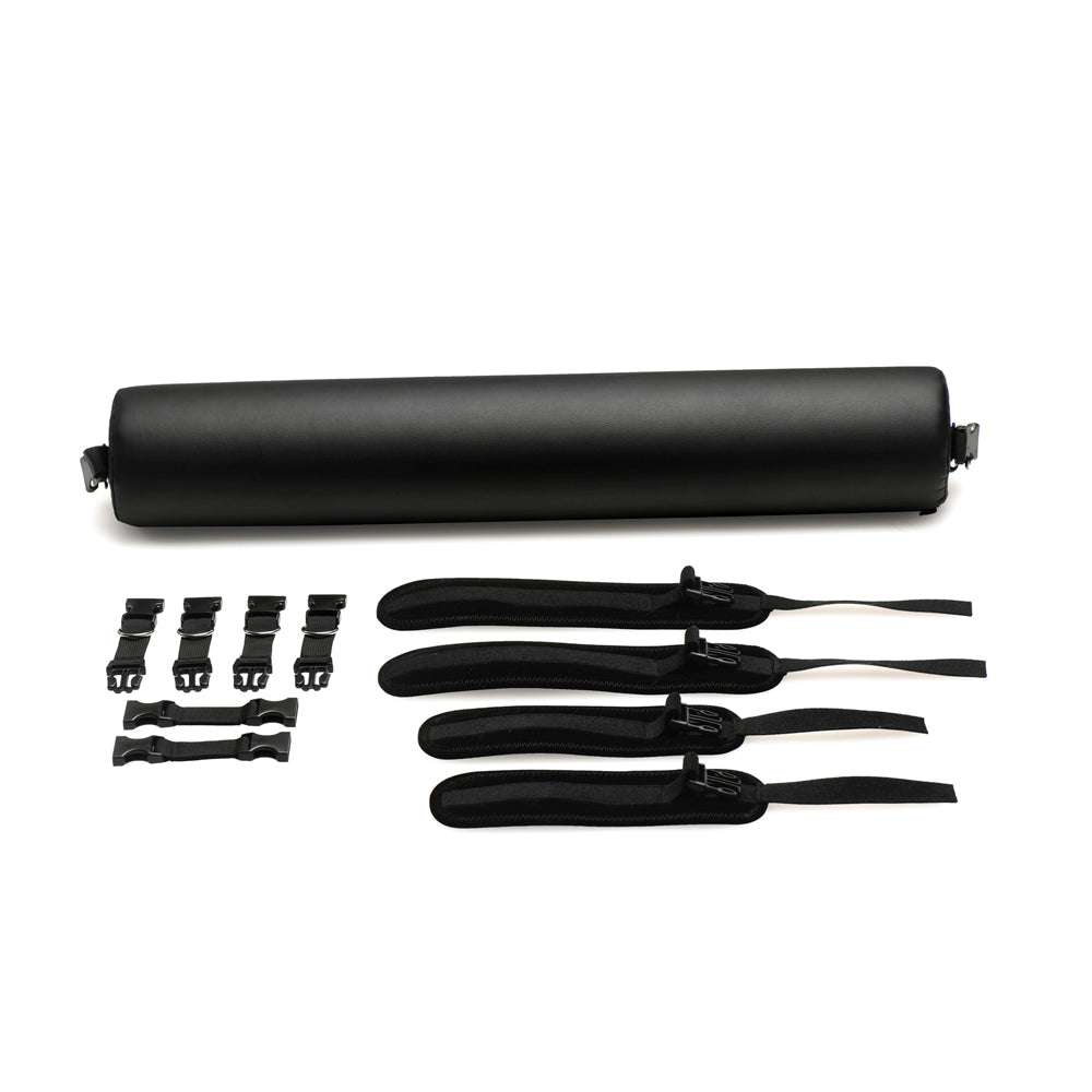 Black padded spreader bar with vegan leather cuffs and straps.